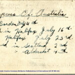 H.M.T. Empress of Australia Berthing Card, July 1940, reverse.
Annotation:
Empress of Australia
Left Borden July 14th
arrived in Halifax July 16th
Left Halifax July 23rd
arrived in Scotlane 2nd
" " Aldershot 4th