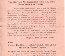 Message To C.A.S.F. Convoy (TC6) - July 23, 1940H.M.T. Empress of Australia Information Card, July 23, 1940 during the Atlantic crossing from Halifax, Nova Scotia to Scotland.