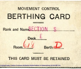 H.M.T. Empress of Australia Berthing Card, July 1940, obverse.